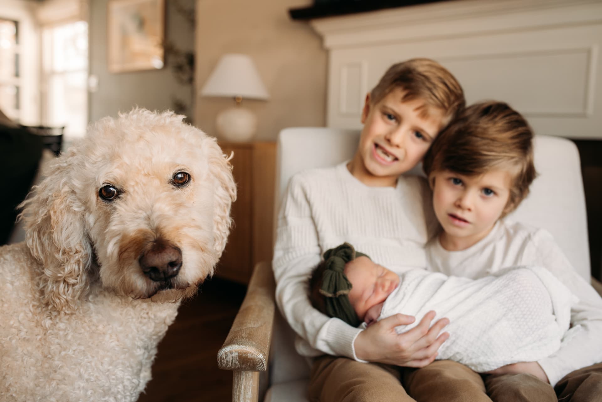 Two brothers and the family dog snuggling their newborn sibling during an in-home newborn session